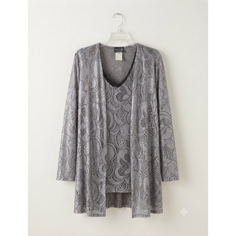 Onyx Nite Open Front Cardigan & Tank Set Size 5X Black Sparkle Party Work NWT